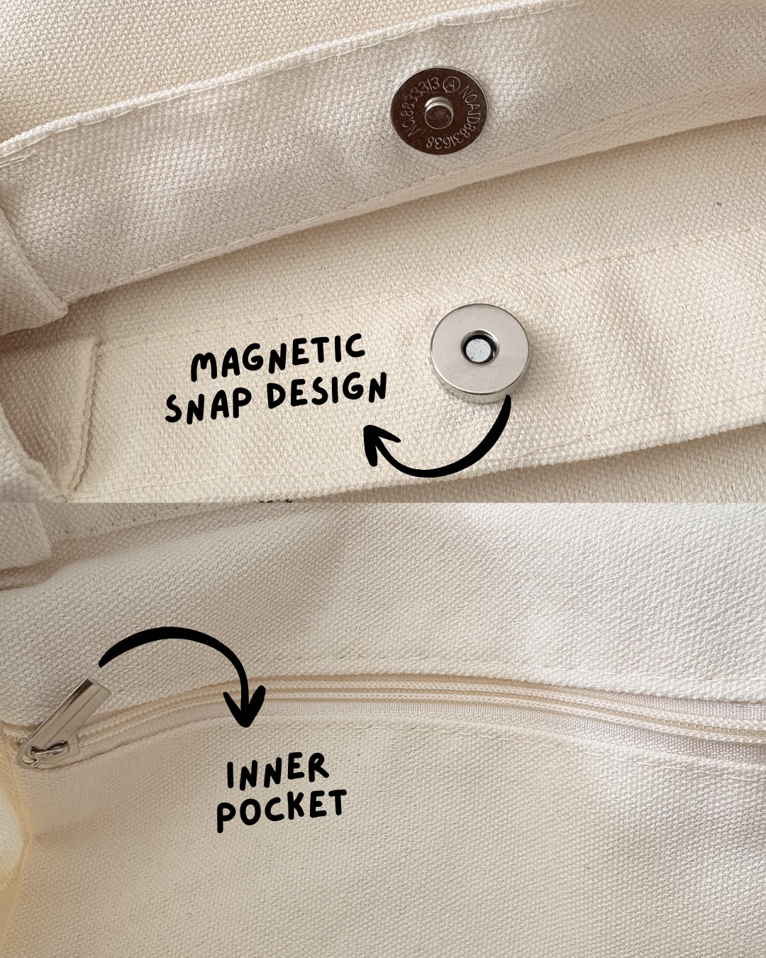 Close-up of a beige bag with a magnetic snap design and inner pocket feature.